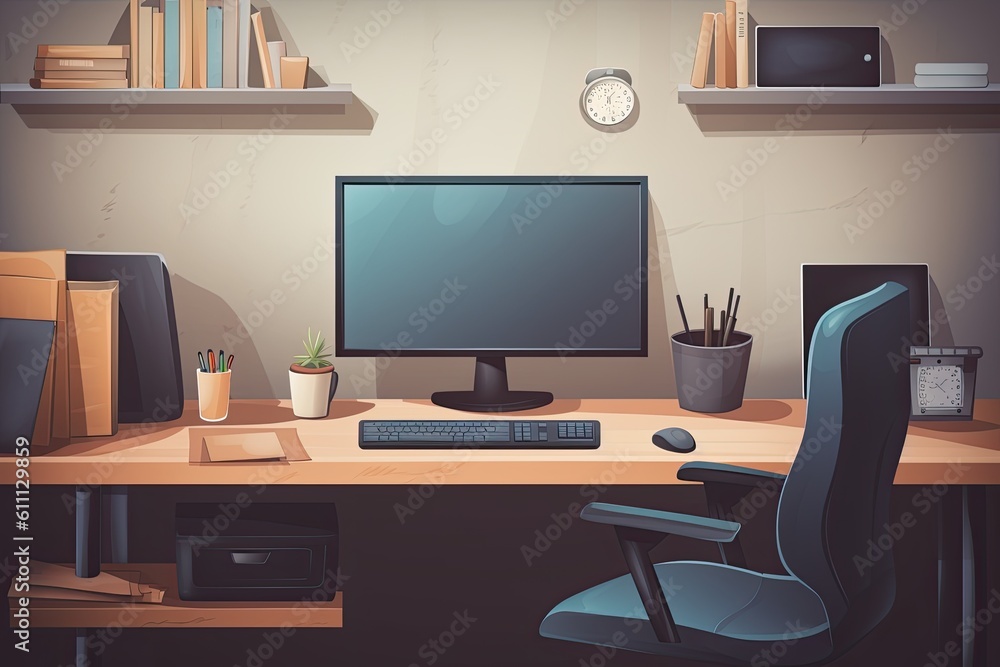 Poster workplace with computer. workplace in a modern office illustration. decorated office desk with a com