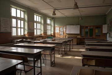 Classroom in the old school of the city of Odessa, Ukraine, Decorated Interior of an empty school class, AI Generated