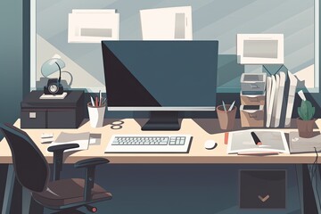Fototapeta na wymiar Workplace with computer and equipment. Workplace in office illustration, Decorated office desk with a computer and other stationery, AI Generated