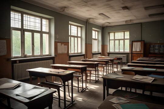 Interior of an old school classroom with tables and chairs and chairs, Decorated Interior of an empty school class, AI Generated