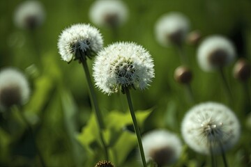 Dandelions have bloomed on the green grass this summer, and the light is beaming on them. Generative AI