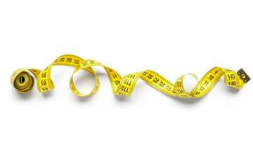 Yellow tape measure on white background