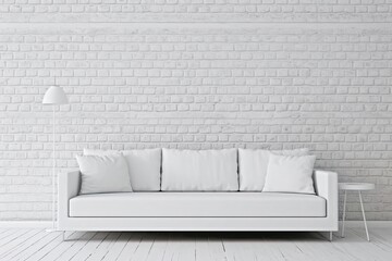 Minimalist White Couch against a Rustic Brick Wall. Generative AI