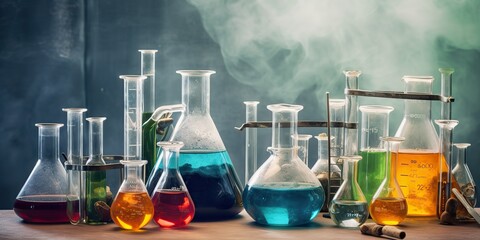 AI Generated. AI Generative. Chemistry lab laboratory technical equipment with many glassware bottle for medicine research. Graphic Art