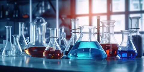 AI Generated. AI Generative. Chemistry lab laboratory technical equipment with many glassware bottle for medicine research. Graphic Art