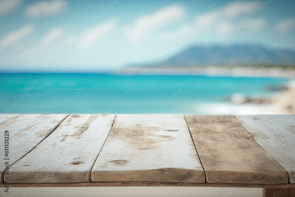 Poster background of open space on a table with a fuzzy view of greece. generative ai