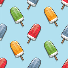 Seamless Pattern Popsicle, Summer Ice Cream. Cartoon Illustration