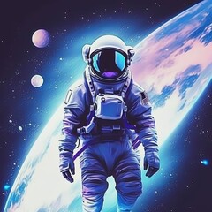 View of astronaut in space with stars and planet in background while looking at camera, generative ai