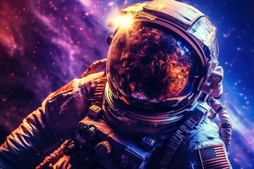 Close up view of astronaut helmet in deep space, ai generated