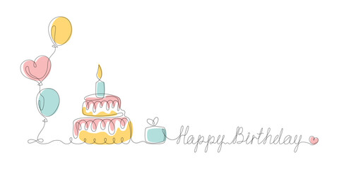 Birthday cake and balloons in one line with color spots on a white background. Lettering Happy birthday. Banner with copy space. Vector stock illustration.