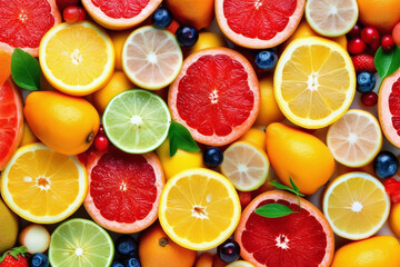 Fototapeta na wymiar Arrangement of sliced mixed citrus fruits, including oranges, lemons, and grapefruits, combined with an assortment of colorful berries such as strawberries, blueberries, and raspberries.