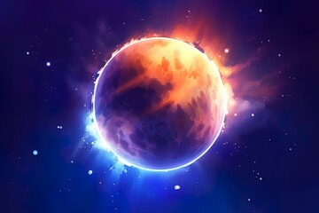 Imaginary planet in space with orange and blue light around planet, ai generated