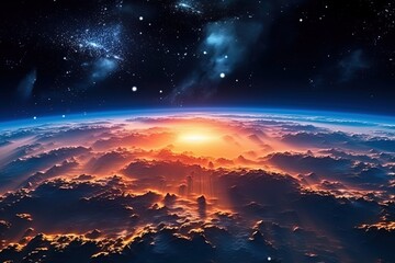 View of planet earth from space with clouds and stars, ai generated