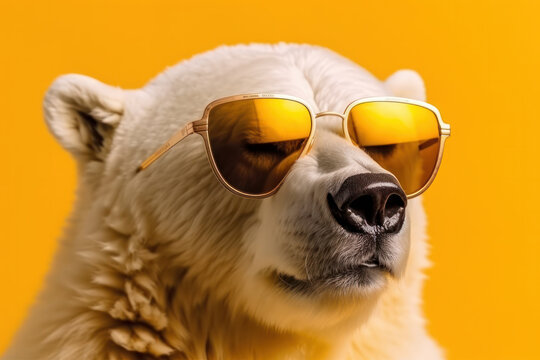Protective polar bear wearing sunglasses, an image that highlights the importance of animal conservation, on a yellow background. AI Generative.