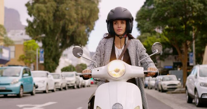 Travel, scooter and woman on motorcycle in city for commute, transport and journey in town. Traveling, motorbike and female person ride on vehicle for transportation, adventure and explore New York