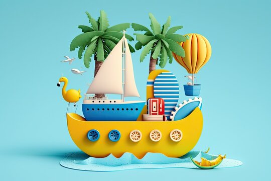 A boat with a helm, stern wheel, baggage, palm tree, lifebuoy, yellow duck, island, camera, surfboard, and sandals is shown isolated against a blue background. An example of a summer Generative AI
