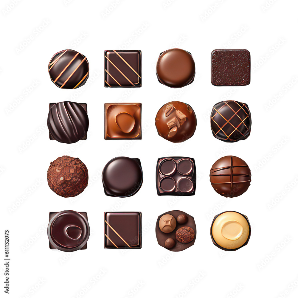 Poster various chocolates isolated on white created with generative ai