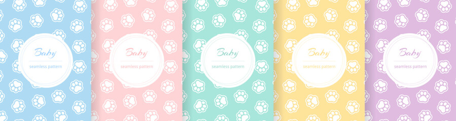 Cute baby seamless pattern. Repeating kid pattern. Girls and boys prints design. Repeated pastel paw wallpaper. Repeat child background. Soft blue, pink, yellow, green color. Vector illustration