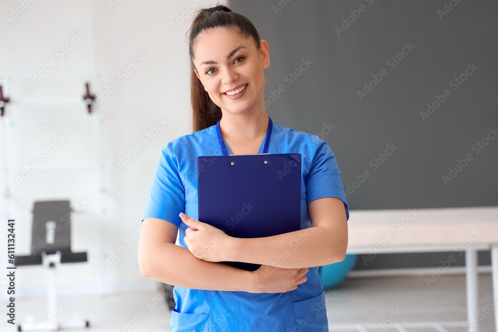 Sticker female physiotherapist with clipboard in rehabilitation center