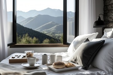 Breakfast table on a white bed with a view of the mountains. Generative AI - obrazy, fototapety, plakaty