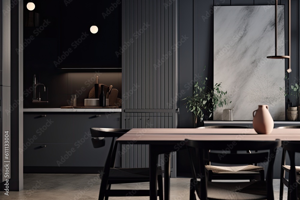 Poster an image of a poster hanging over a table and four chairs can be seen in this side view of a gray ki