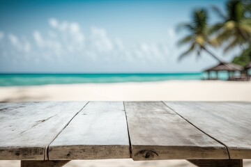 Fototapeta premium assemblage of wooden table tops Background image of a sandy beach in the summer with a hazy sea view and a beach chair for relaxation. Generative AI