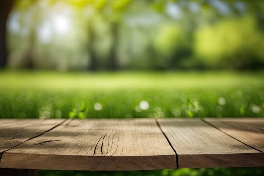 A wooden table in a spring garden. Generative AI