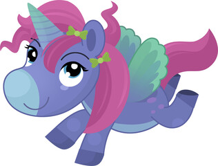 Cartoon scene with cheerful flying horse is playing and smiling isolated illustration for children