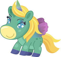 Cartoon scene with cheerful flying horse is playing and smiling isolated illustration for children