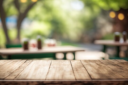 A blurred background of an empty wooden table with a backyard party. Generative AI