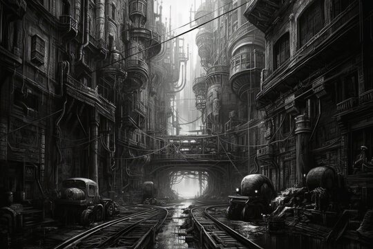 A dystopic city without people in an apocalyptic look created with generative AI technology.