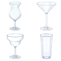 Banner with different empty transparent glass tumbler for lemonade, alcoholic drinks, cocktail. Hand drawn watercolor illustration isolated on white background. For bar and restaurant menu, recipes