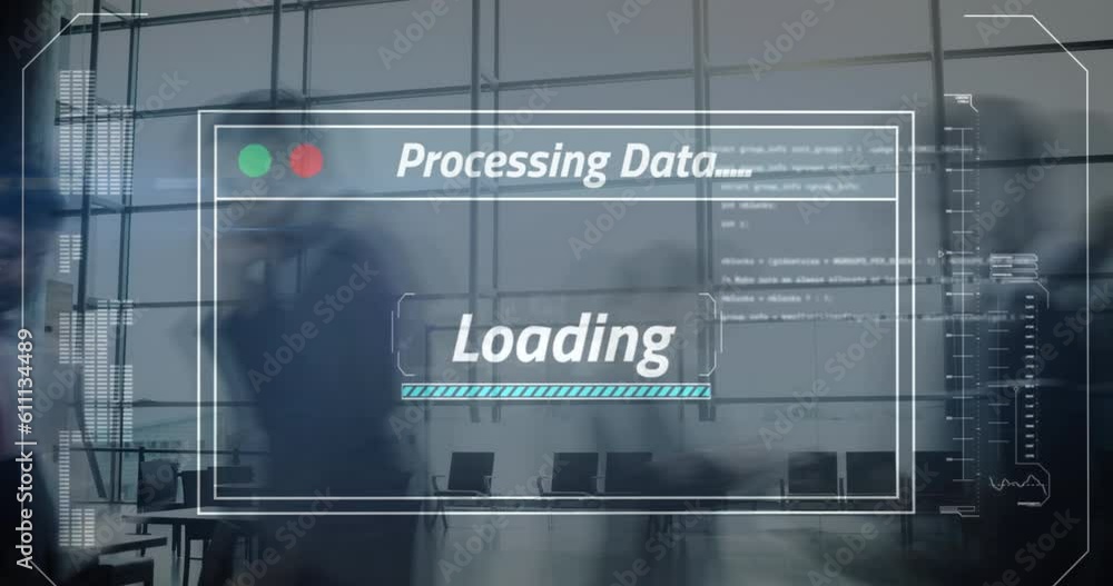 Poster animation of interface screen with data loading over fast motion office workers walking in building