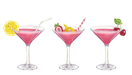 Batch pink cocktail glass or alcoholic Cosmopolitan. Strawberry, lemon, cherry, ice, straw. Hand drawn watercolor illustration isolated on white background. For bar restaurant menu