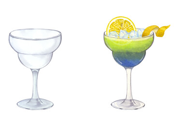 Blue green beach cocktail, empty transparent glass. Lemon, ice. Summer tropical drink. Party time. Hand-drawn watercolor illustration on white background. For cafe restaurant bar menu