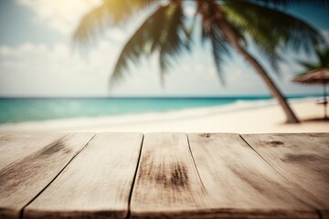 Fototapeta premium Blur tropical beach in the summer with an abstract background of sunlight and a wooden table for montage with copy space. Wonderful concept for a corporate nature trip and summer Generative AI