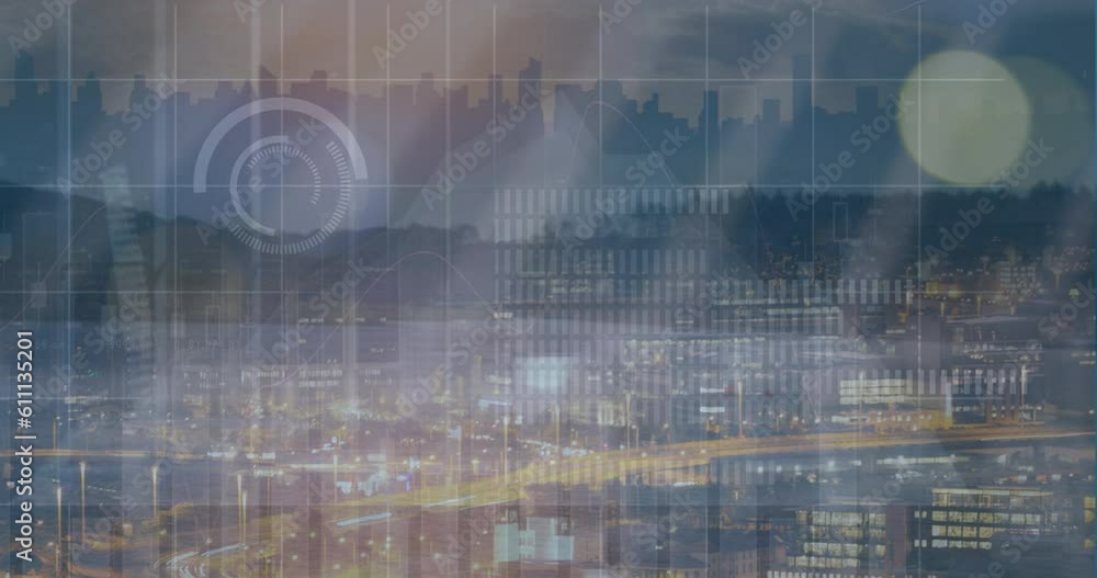 Poster animation of graphs and data processing over evening cityscape