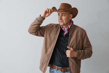 Mature cowboy on light background