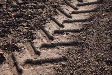 Close-up of a tractor wheel print in dark soft ground.