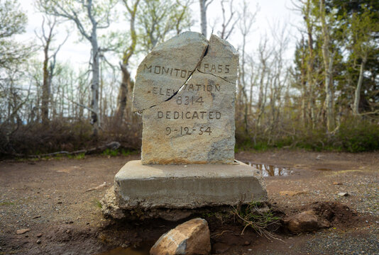 Monitor Pass stone marker in the Eastern Sierra Nevada mountains of California off of California State Route 89