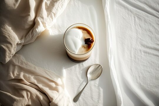 A glass of milky, chilly coffee sits on a white bed. made coffee that has been chilled. View of a flatlay seen from the top. Minimalism. the morning sun rising. Generative AI