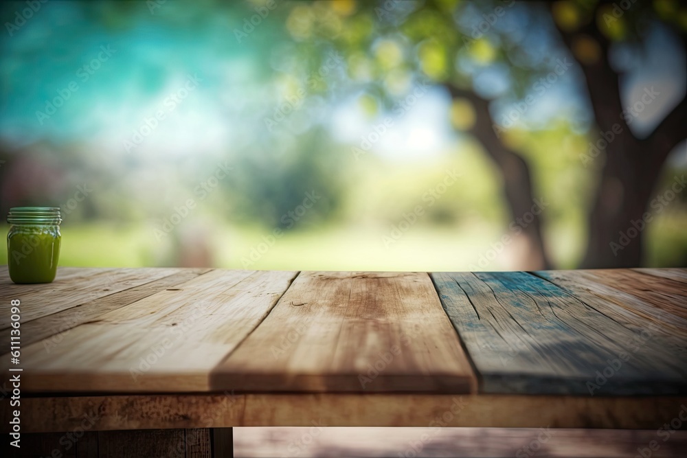 Poster blurred backdrop of an empty wooden table with a party in the backyard. spring, backdrop, and party 