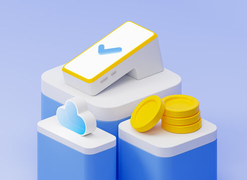 3D Pos terminal payment concept. Online shopping, money transactions online, Payment by bank card via portable banking terminal. Wireless terminal with bank card and coins. 3D rendering.