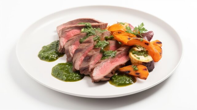 A plate of grilled skirt steak with chimichurri sauce and roasted vegetables on White Background with copy space for your text created with generative AI technology