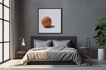 A gray bed, a light, and a horizontal poster in a frame are all present in the black bedroom corner. a mockup Generative AI