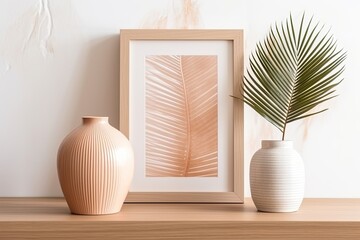 Fototapeta na wymiar White picture frame mockup in portrait orientation on a hardwood table. modern palm-adorned vases white wall as a backdrop Scandinavian-style decor. Generative AI