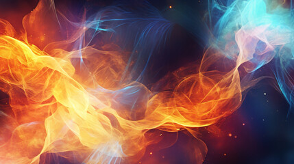 Fiery background. Beautiful blue and orange flames of fire on a dark. Futuristic digital art. Generative Ai.