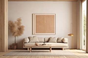 mock-up frame on a background of a home interior, beige room with minimal decor Generative AI