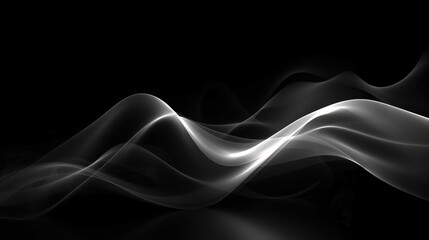 Abstract dark smokey background. White glowing wavy stripes on black. Generative Ai.