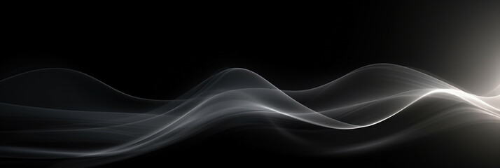 Abstract dark smokey banner. White glowing wavy stripes on black background. Generative Ai.